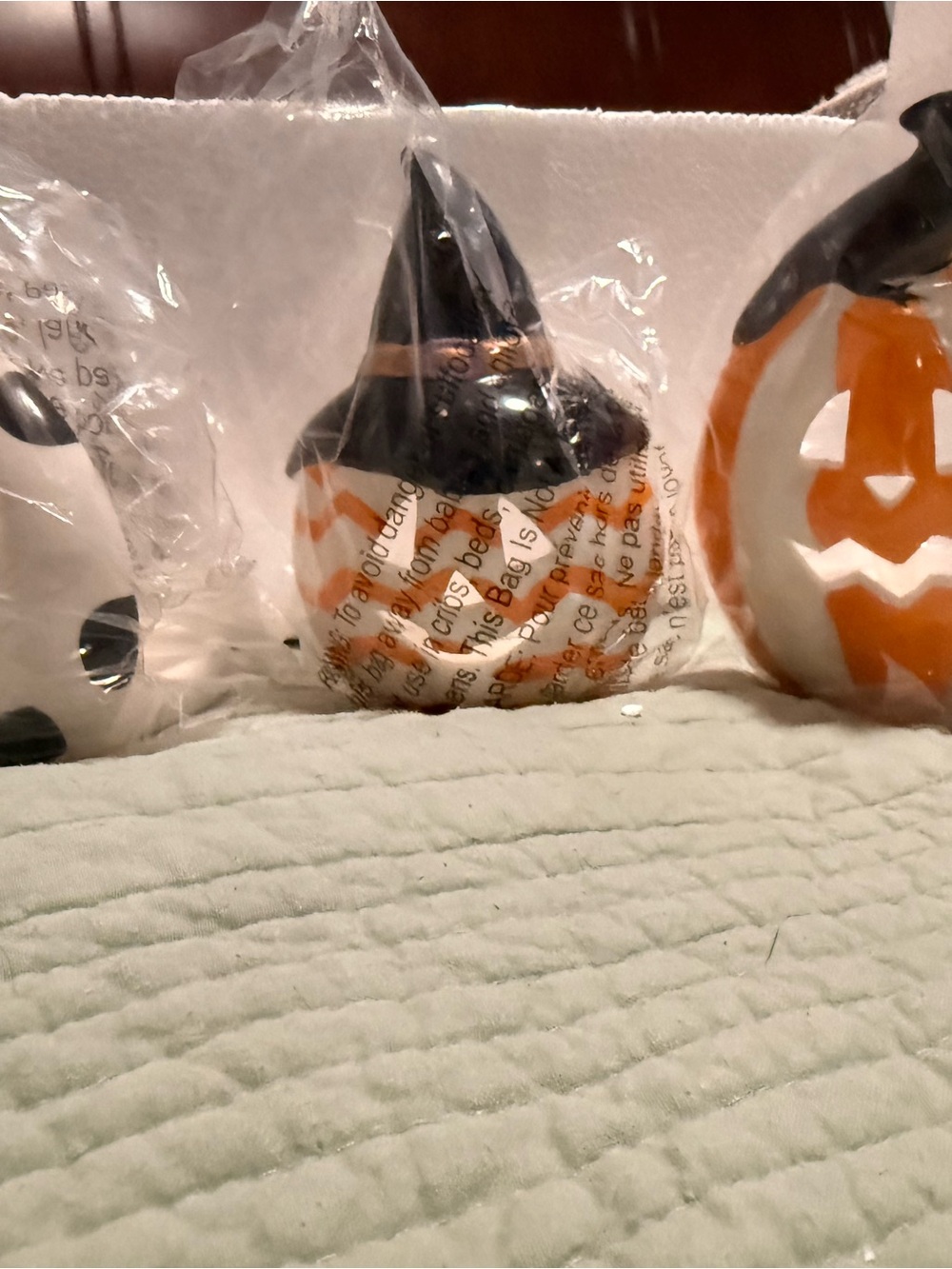 PartyLite Ceramic Halloween Pumpkin Trio - Orange, Black, White candle holders